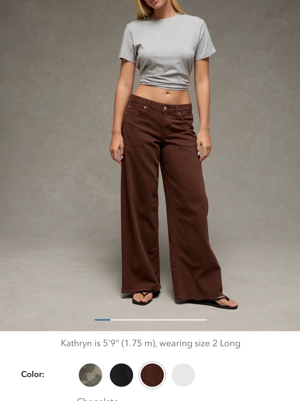 Dreamy Drape Stretch AE low rise ultra wide leg jeans. Chocolate brown.